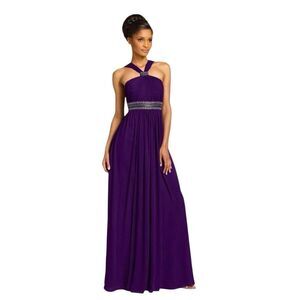 JS Boutique Beaded Chiffon Plum Halter Formal Bridesmaid Embellished Gown Sz 4